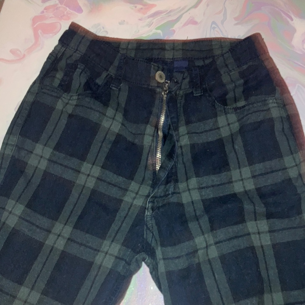Green, black and light green plaid pants